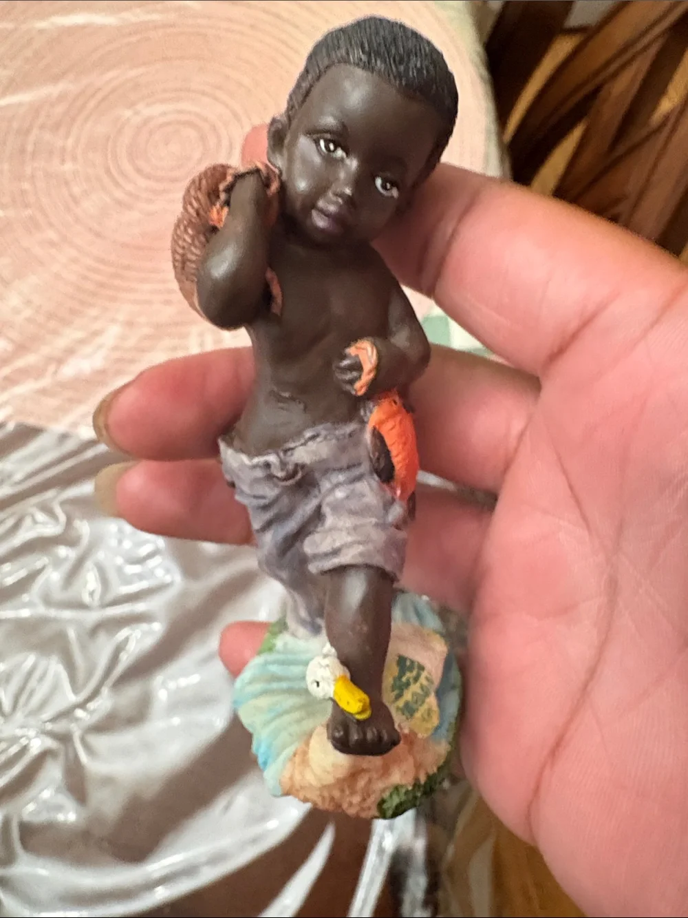 Vintage African American Boy Fishing with Duck Resin Figurine